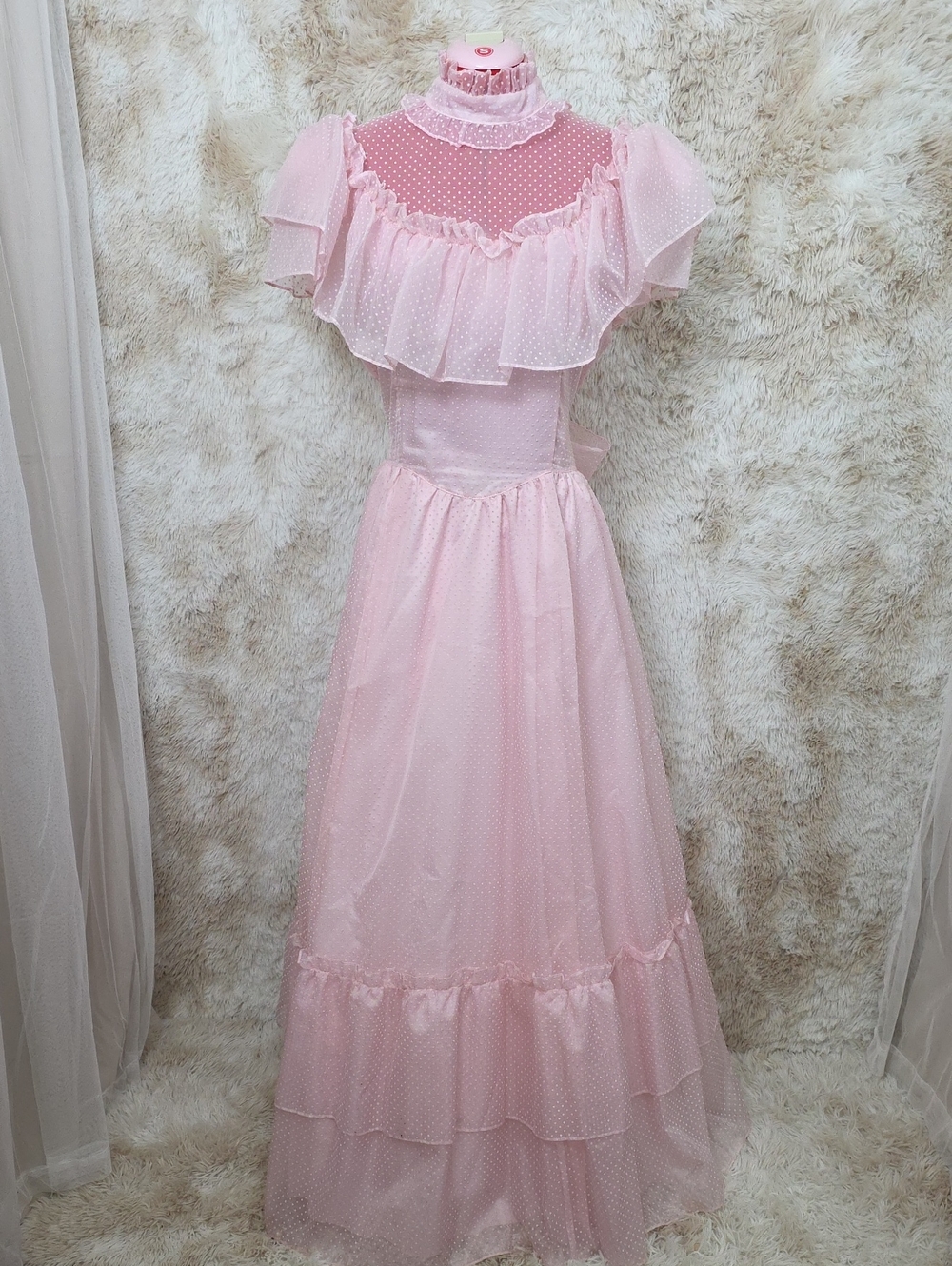 Vintage Jessica McClintock Gunne Sax Pink Swiss Dot Prairie Maxi Dress L